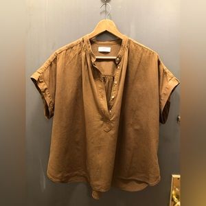 Uniqlo Mustard Linen Stand Collar Short Sleeve Top
